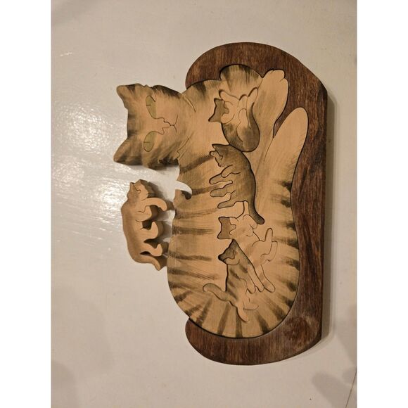 Wooden Cat Puzzle Handcrafted Measures 5"x 7 1/2" 6 Cats in All - Picture 2 of 2